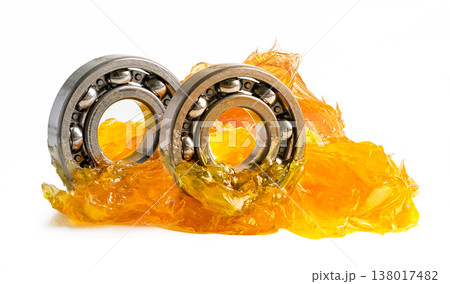 Ball bearing stainless with grease lithium machinery lubrication for automotive and industrial isolated on white background. Ball bearing stainless with grease lithium machinery lubrication for automotive and industrial isolated on white background. 138017482
