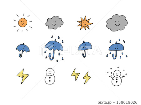 表情がある天気のカラフルな手描きイラストセット 表情がある天気のカラフルな手描きイラストセット 138018026