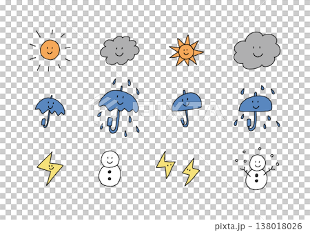 表情がある天気のカラフルな手描きイラストセット 表情がある天気のカラフルな手描きイラストセット 138018026