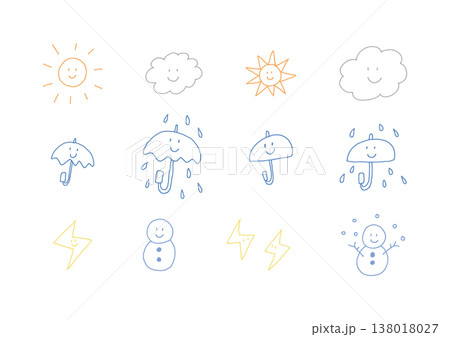 表情がある天気のカラフルな手描きイラストセット（線画） 138018027