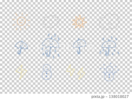 表情がある天気のカラフルな手描きイラストセット（線画） 138018027