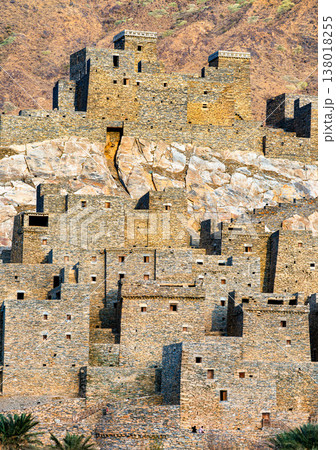 Detailed view of the historic stone architecture at Thee Ain Heritage Village in the Al Bahah region of Saudi Arabia. 138018255