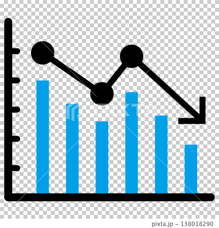 帶有向下箭頭的條形圖和折線圖的商業圖示（2 種顏色，藍色，複雜分析，下降趨勢，減少，損失，下跌趨勢） 138018290