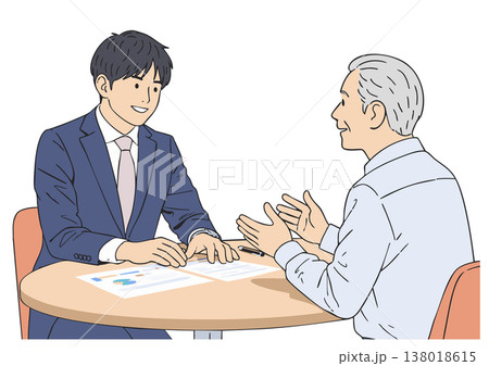 シニア男性と若い男性の相談シーンイラスト シニア男性と若い男性の相談シーンイラスト 138018615