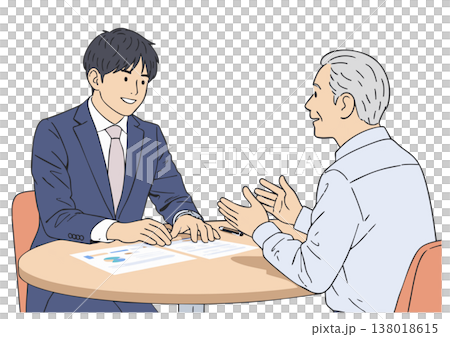 シニア男性と若い男性の相談シーンイラスト シニア男性と若い男性の相談シーンイラスト 138018615