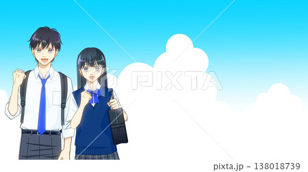 広がる青空、夏服の高校生または中学生の男女のアニメ風イラスト 138018739