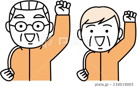 ガッツポーズする老夫婦 138019005