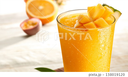 明るい木製テーブルのクリアグラスに入ったトロピカルミックスジュースのマクロ写真 138019120