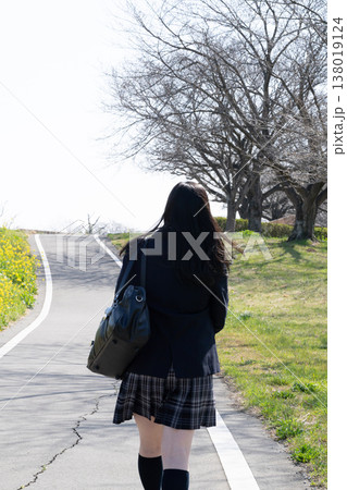 青春のエモーショナルな通学風景。制服姿でスクールバッグを手に、一歩を踏み出す学生の背中（顔無し） 138019124