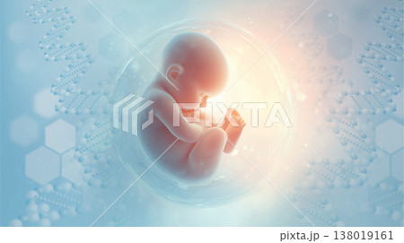 生命の起源：神秘的な光に包まれた胎児のイラスト 138019161