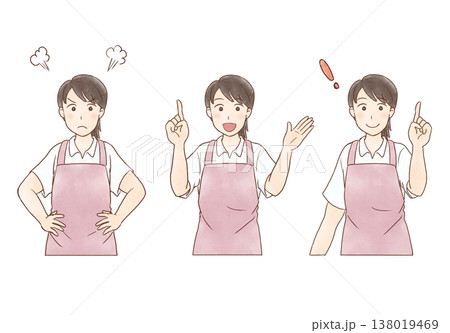 エプロン姿のさわやかな女性ヘルパー　ポーズセット（アイコン付き） 138019469