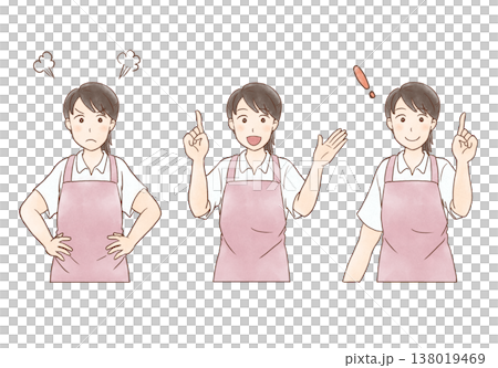 エプロン姿のさわやかな女性ヘルパー　ポーズセット（アイコン付き） 138019469