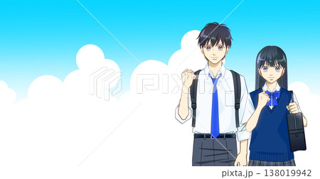 広がる青空、夏服の高校生または中学生の男女のアニメ風イラスト 138019942