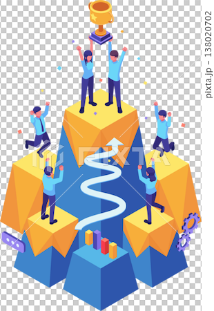 Isometric Team on Mountain Peak Celebrating Goal Achievement 138020702