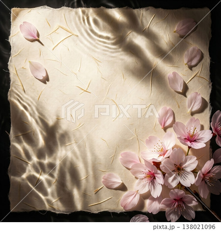揺らめく水面の光と美しい桜の花びらが散りばめられた、風情ある和紙の背景素材 138021096