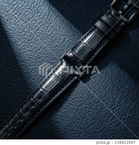 斜めの光が差し込む、高級感のある黒いクロコダイル調レザーの腕時計ベルトと革の背景 138021097