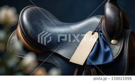 使い込まれた風合いが美しいネイビーの乗馬用レザーサドルと、無地のネームタグのクローズアップ 138021098