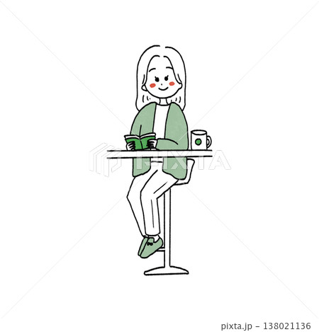 カフェで読書する女性のイラスト カフェで読書する女性のイラスト 138021136