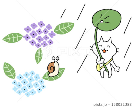 葉っぱの傘をさしたかわいい猫とアジサイの葉っぱに乗ったカタツムリ 138021388