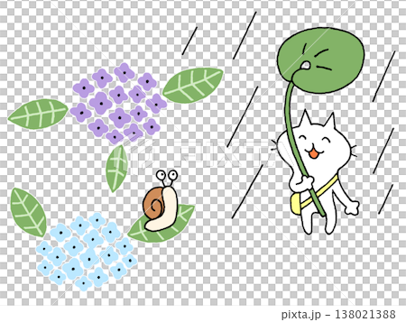 葉っぱの傘をさしたかわいい猫とアジサイの葉っぱに乗ったカタツムリ 138021388