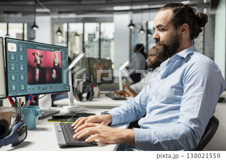 Text to image generating, photo editor, AI generative models, for commercial content, advertising agency worker using virtual assistant chatbot to generate materials for post production. 138021559