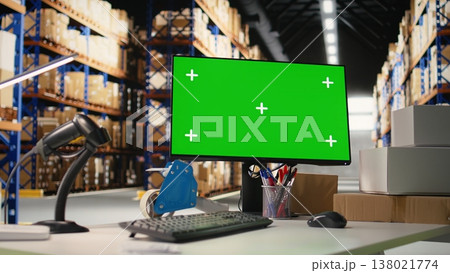 Empty storage room depot shows screen with copy space mockup, fulfillment center shipping cargo packages for online shopping e-commerce business. Local brand stock room. 138021774