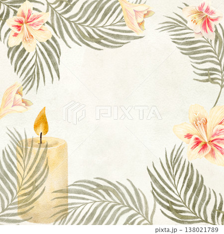 Candle, blooming lilies, palm leaves square frame on textured beige background, watercolor illustration perfect for Easter, Palm Sunday, memorial stationery, church decor, wrapping design, packaging 138021789