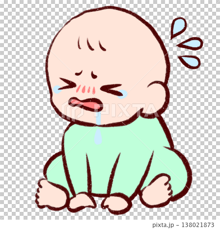 一幅手繪插圖，描繪了一個悶悶不樂的嬰兒弓著背坐著，大聲哭泣。 138021873