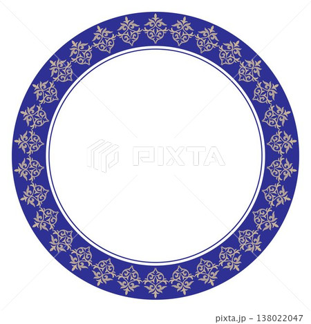 Beautiful blue and white round frame arabesques. Plate with floral design. Vintage, ethnic vector frame with arabesques EPS. Pattern frame for round surfaces, household utensils, textiles, embroidery, 138022047