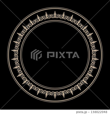 Round gold asian decorative frame. Elegant element for design in Eastern style, place for text. Floral golden border. Lace illustration for invitation, greeting card, textile, embroidery, plate, ceram Round gold asian decorative frame. Elegant element for design in Eastern style, place for text. Floral golden border. Lace illustration for invitation, greeting card, textile, embroidery, plate, ceram 138022048