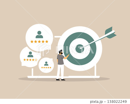 Customer review targeting system, user rating segmentation with feedback analysis and audience scoring for precision marketing. Reputation management improving conversion accuracy vector illustration 138022249