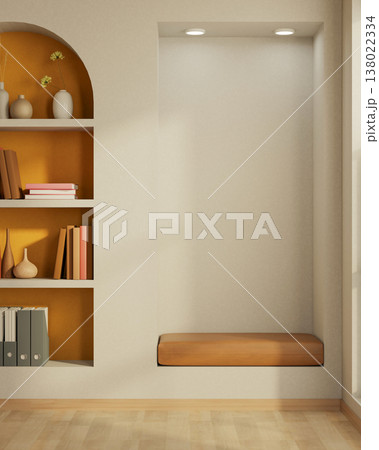 Brown cushion bench and arch bookshelf in recessed white wall an wooden parquet floor in modern room Brown cushion bench and arch bookshelf in recessed white wall an wooden parquet floor in modern room 138022334