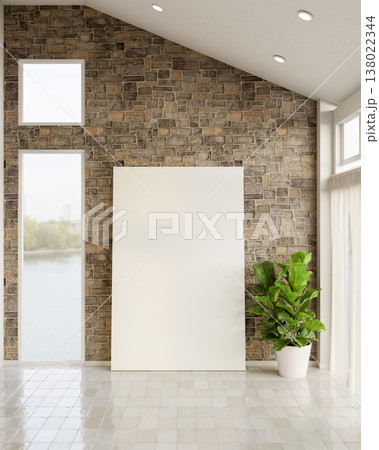White canvas board leaning on bricks wall aside glass window and potted plant in a tiles floor room. White canvas board leaning on bricks wall aside glass window and potted plant in a tiles floor room. 138022344
