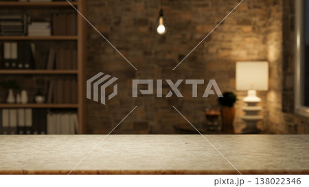 Empty blank marble counter table across wooden bookshelf and lamp with lightbulb in bricks wall room Empty blank marble counter table across wooden bookshelf and lamp with lightbulb in bricks wall room 138022346