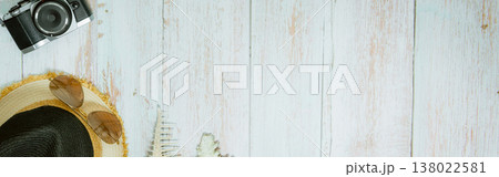 web banner and flat lay summer time with swimsuit and beach accessories on vintage blue wooden background web banner and flat lay summer time with swimsuit and beach accessories on vintage blue wooden background 138022581