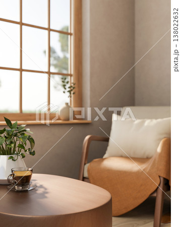 Coffee in glass cup and potted plants on round wooden table and armchair aside window in living room Coffee in glass cup and potted plants on round wooden table and armchair aside window in living room 138022632