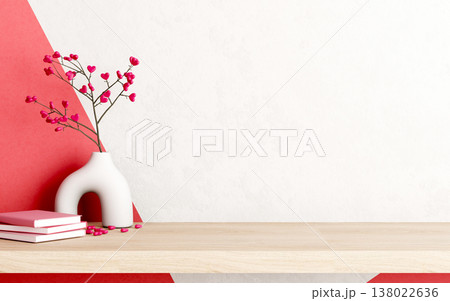 Heart shape flower in abstract vase and book on wooden hanging floated shelf in white red wall room. 138022636
