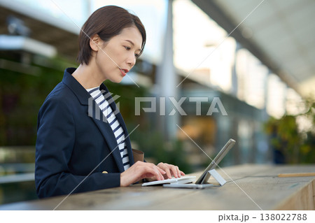 屋外でタブレットを使って仕事をする30代日本人ビジネスウーマン 屋外でタブレットを使って仕事をする30代日本人ビジネスウーマン 138022788