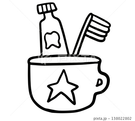 Cute hand drawn outline of toothbrush and toothpaste in cup for office workers, colouring book, sketch, house, interior, toiletry, bathroom vanity, lifestyle, morning routine, washroom, meal, cleaning 138022802