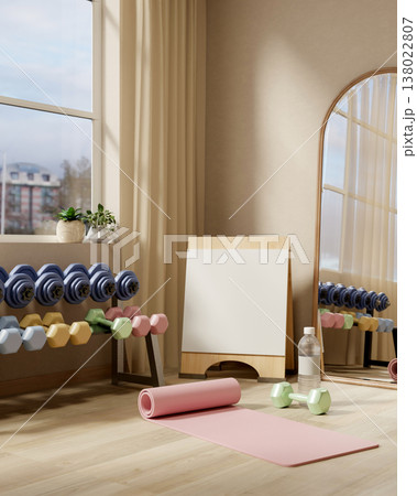 Dumbbell and water bottle aside mat and signboard aside equipment rack in fitness gym exercise room. 138022807