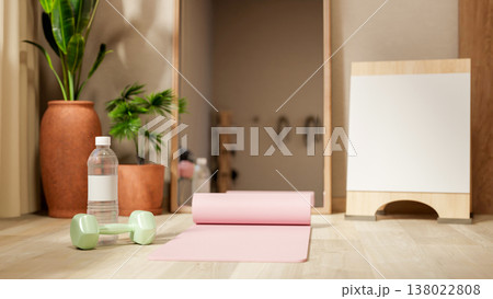 Dumbbell water bottle aside mat and signboard on wood floor with mirror in fitness gym exercise room Dumbbell water bottle aside mat and signboard on wood floor with mirror in fitness gym exercise room 138022808