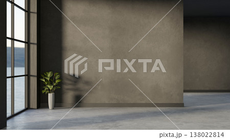 Green potted plant on grey marble stone floor aside glass window and concrete wall in a room corner. Green potted plant on grey marble stone floor aside glass window and concrete wall in a room corner. 138022814