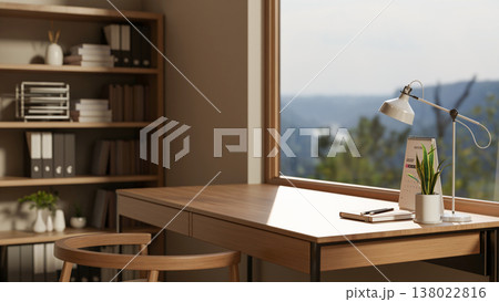 Book and calendar with potted plant under desk lamp on wooden table aside glass wall window and shelf. Book and calendar with potted plant under desk lamp on wooden table aside glass wall window and shelf. 138022816