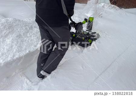 Man clearing snow with snowblower machine 138022818