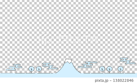 Simple, thin-line illustration of Mount Fuji: black lines, light blue background, white background, 16:9 widescreen. 138022846