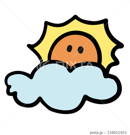 Hand drawn illustration of sun and cloud for day time, sky and clouds, summer break, sticker, hot season, warm weather, temperature, earth, environment, nature, garden, outdoor, playtime, cartoon 138022923