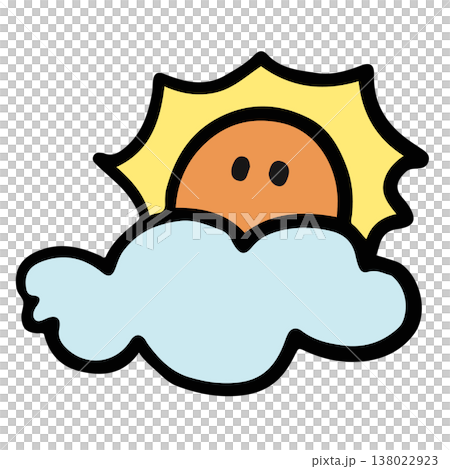 Hand drawn illustration of sun and cloud for day time, sky and clouds, summer break, sticker, hot season, warm weather, temperature, earth, environment, nature, garden, outdoor, playtime, cartoon 138022923