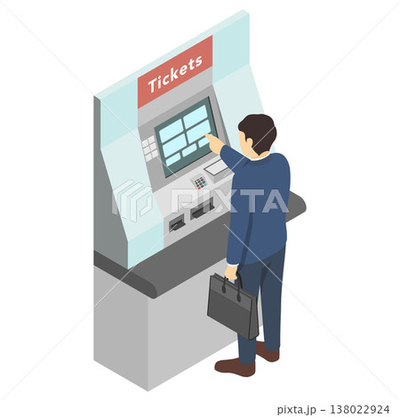アイソメトリックイラスト：駅の券売機でチケットを買う男性 138022924