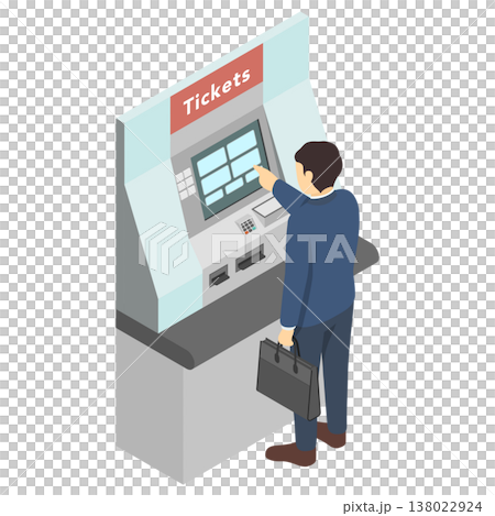 アイソメトリックイラスト：駅の券売機でチケットを買う男性 138022924