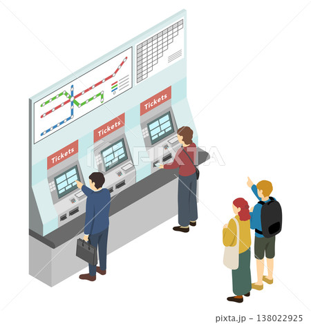 アイソメトリックイラスト：駅の券売機でチケットを買う人々 138022925